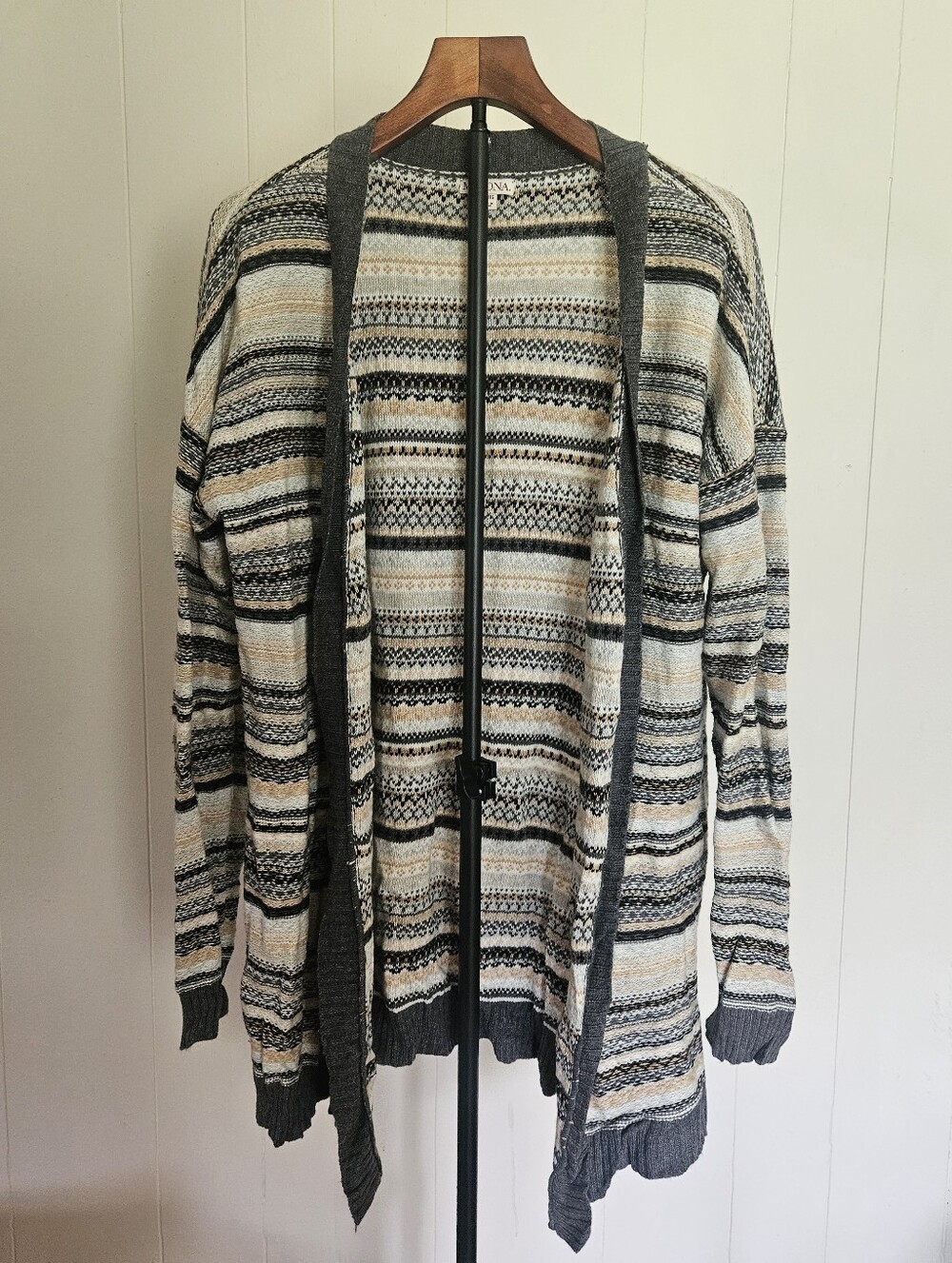 Merona Striped Open-Front Cardigan in Gray, Cream, Black Size XXL